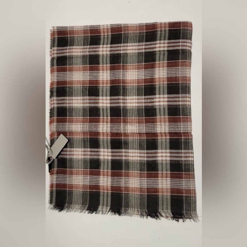 TOM FORD Rust Brown & White Plaid Cashmere Blend Fringed Scarf